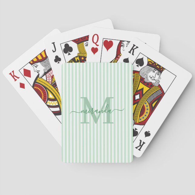 Green & White Striped Monogram Name Casinokort (Baksidan)