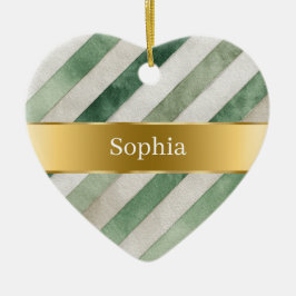Green White Stripes Gold Ribbon Christmas Julgransprydnad Keramik