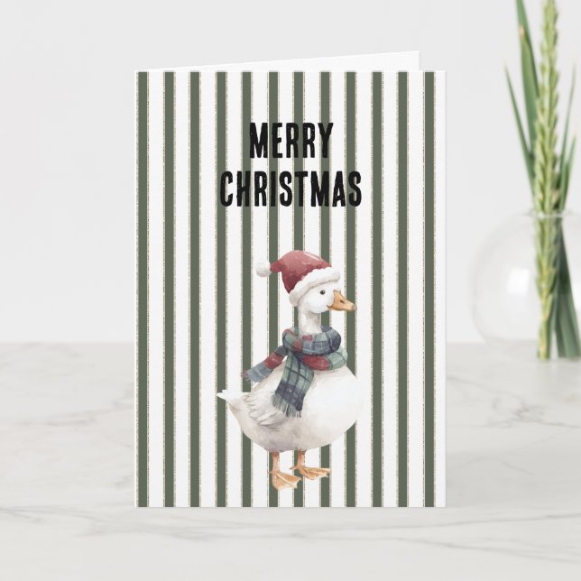 Green White Stripes Goose with Santa Hat Christmas Kort (Framsida)