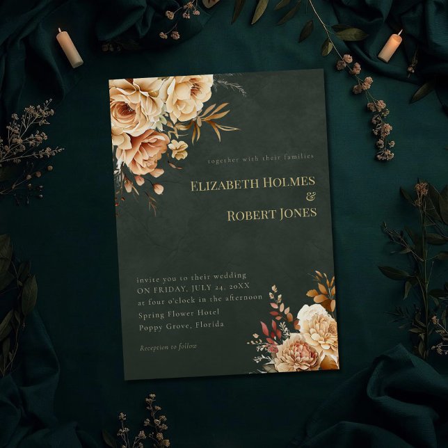 Green Witch Beige Floral Wedding Invitation Inbjudningar (Green Witch Beige Floral Wedding Invitation on a dark witchy wedding table with botanicals)