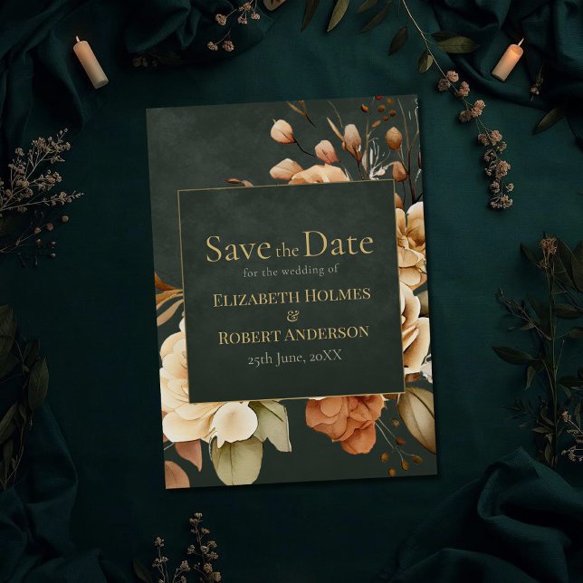 Green Witch Floral Save the Date Card Spara Datumet (Green Witch Floral Save the Date Card on a dark green witchy wedding table with botanicals)