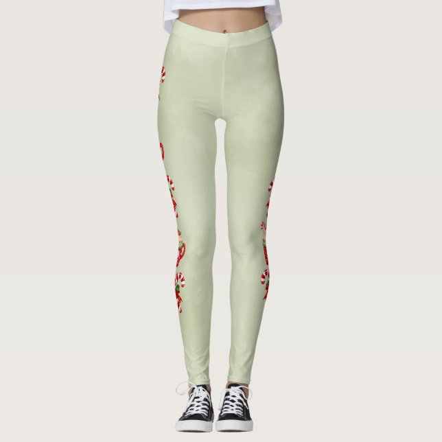 Green with Christmas Cocoa and Candy Canes Leggings (Framsida)