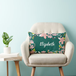 Green with Pink Flowers Personalized Lumbarkudde