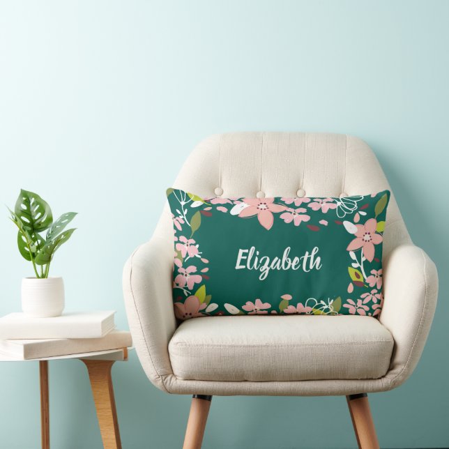Green with Pink Flowers Personalized Lumbarkudde (Stol)