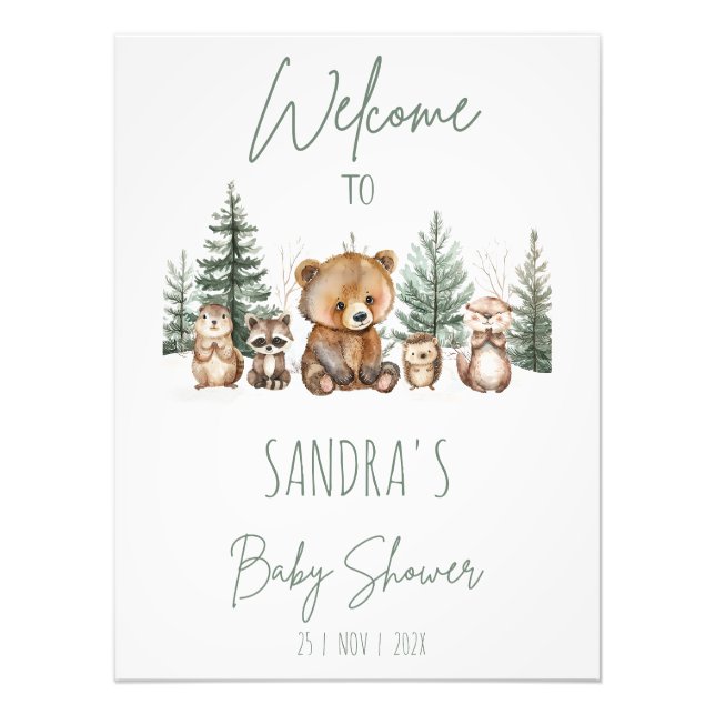 Green Woodland Adventure Baby Shower Welcome Sign Fototryck (Framsidan)