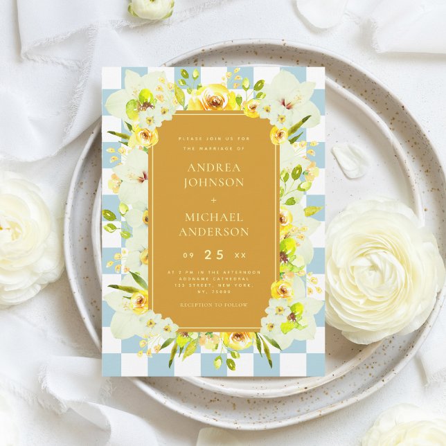 Green Yellow Floral Checkerboard Garden Wedding Inbjudningar (Skapare uppladdad)