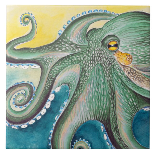 Green Yellow Octopus Watercolor Art Kakelplatta (Framsidan)