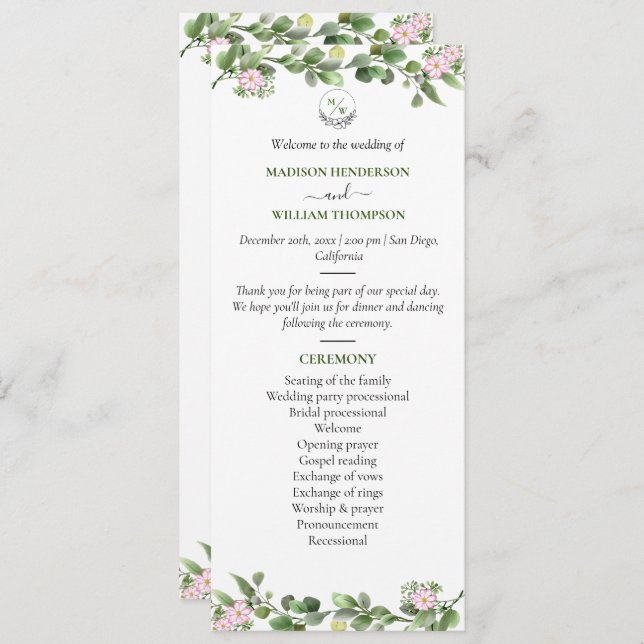 Greeneri Elegant och vacker Blommigt Bröllop Program (Fram/baksida)