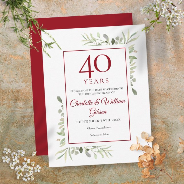 Greenery 40-årsjubileum Spara datumet Meddelande Vykort (Greenery 40th Anniversary Save the Date Announcement Postcard)
