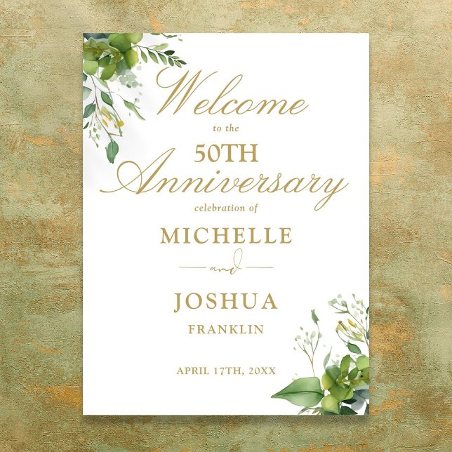 Greenery 50:e Bröllop-årsdagen Välkomstskylt Poster (Greenery 50th Wedding Anniversary Welcome Sign)
