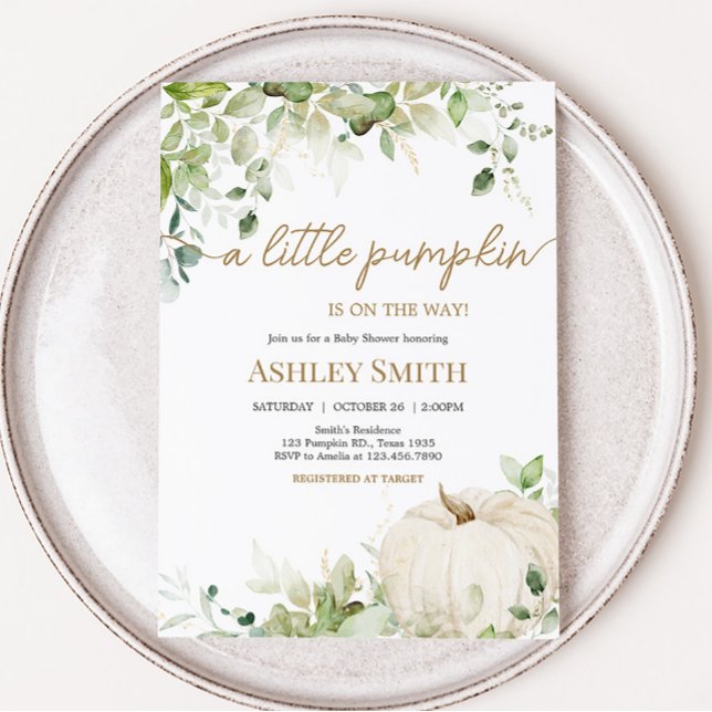 Greenery A Little Pumpkin Baby Shower Inbjudningar (Autumn Pumpkin Baby Shower Invitation)