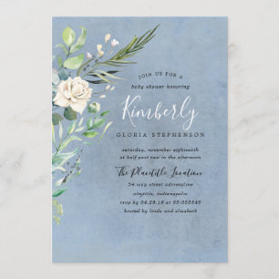 Greenery and Dusty Blue Elegant Baby Shower Inbjudningar