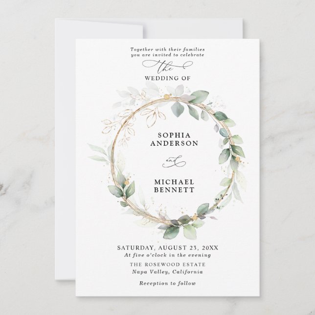 Greenery and Gold Wedding Invitation Inbjudningar (Framsida)
