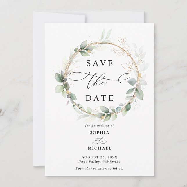 Greenery and Gold Wedding Save the Date Invitation Inbjudningar (Framsida)