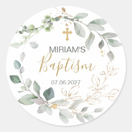 Greenery and guld foliage Baptism Classic Round Runt Klistermärke