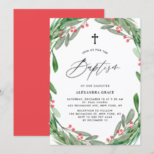 Greenery and Holly Winter Baptism Inbjudningar