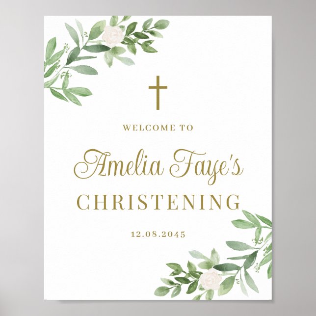Greenery and White Flowers Christening Välkommen Poster (Framsidan)