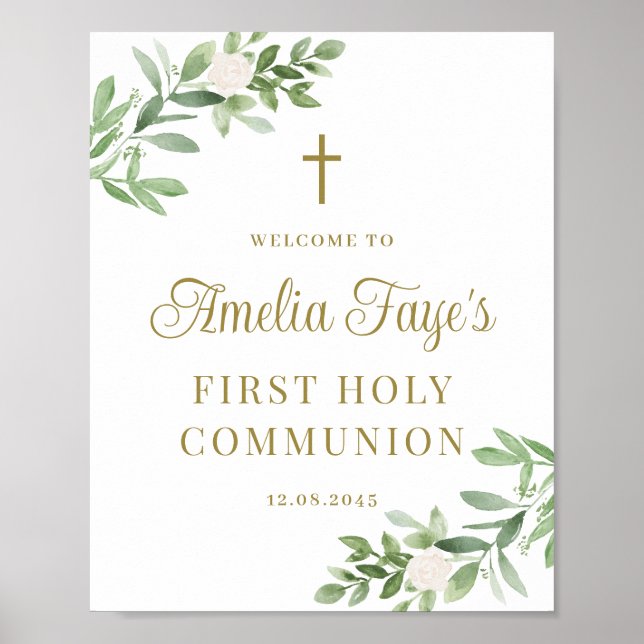 Greenery and White Flowers First Communion Välkomm Poster (Framsidan)