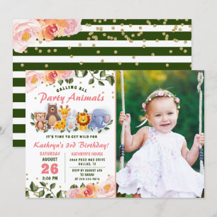 Greenery Animal Friends Rosa Blommigt Birthday Pho Inbjudningar