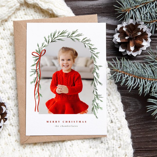 Greenery Arch & Bow Elegant Script Photo Jul Julkort (Skapare uppladdad)