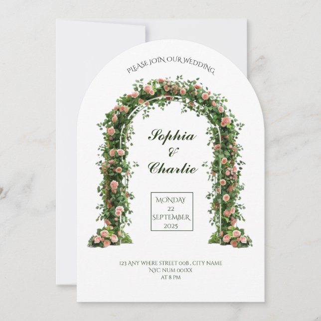greenery arch flowers romantic wedding invitation inbjudningar (Framsida)