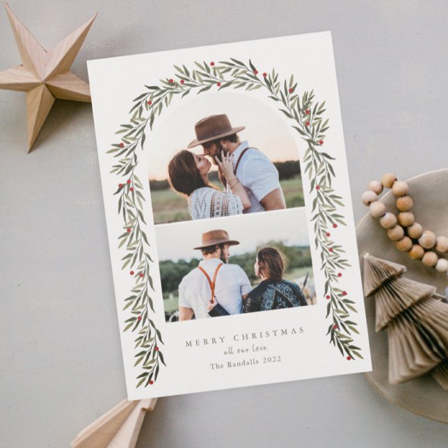 Greenery Arch Modern Script 2 Photo Jul Julkort (Elegant greenery arch 2 photo christmas holiday cards.)