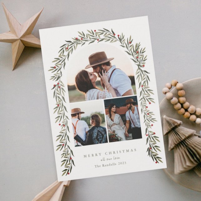 Greenery Arch Modern Script 3 - fotojul Julkort (Elegant greenery arch 3 photo christmas holiday cards.)