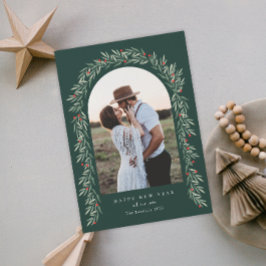 Greenery Arch Modern Script Photo Gott nytt år Julkort