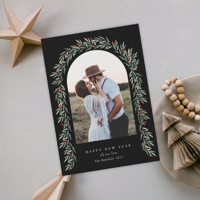 Greenery Arch Modern Script Photo Gott nytt år Julkort (Skapare uppladdad)