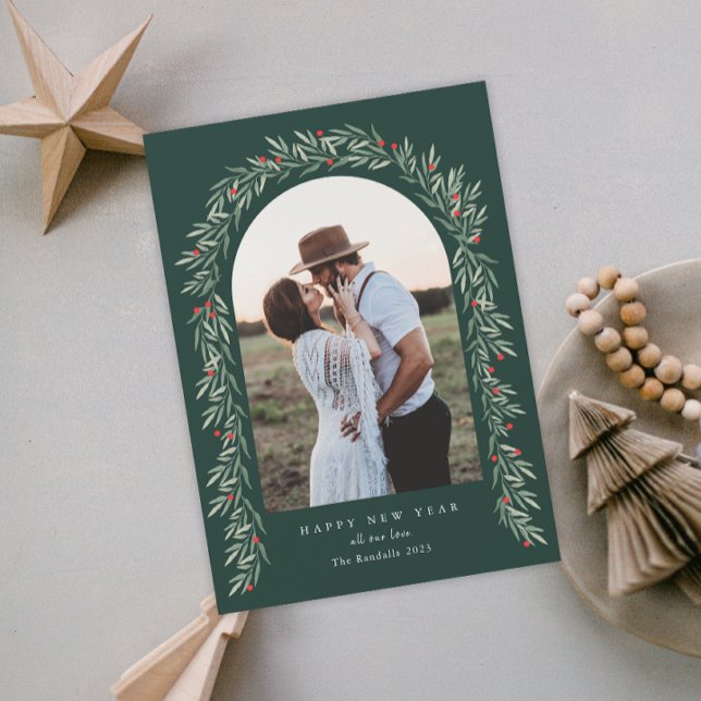 Greenery Arch Modern Script Photo Gott nytt år Julkort (Skapare uppladdad)