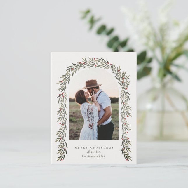 Greenery Arch Modern Script Photo Jul Helg Vykort (Stående Fram)