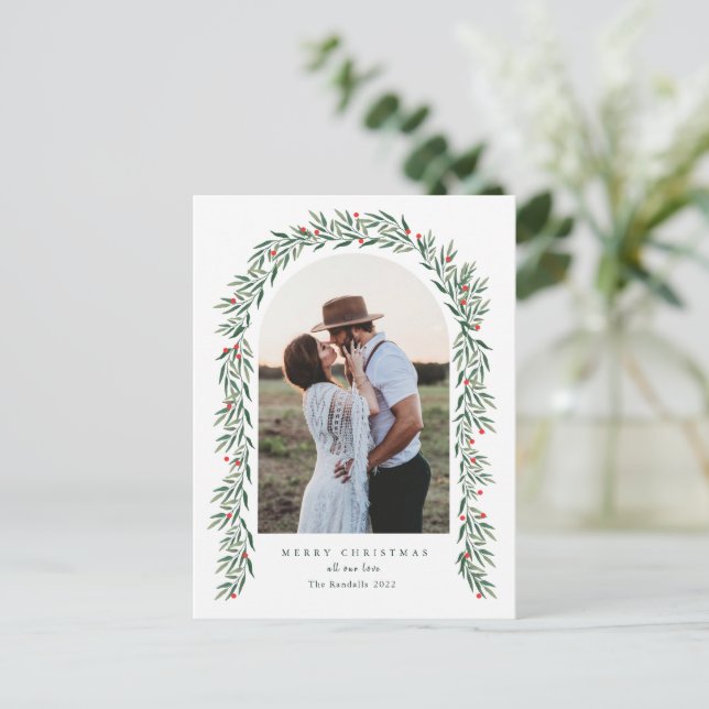 Greenery Arch Modern Script Photo Jul Helg Vykort (Stående Fram)