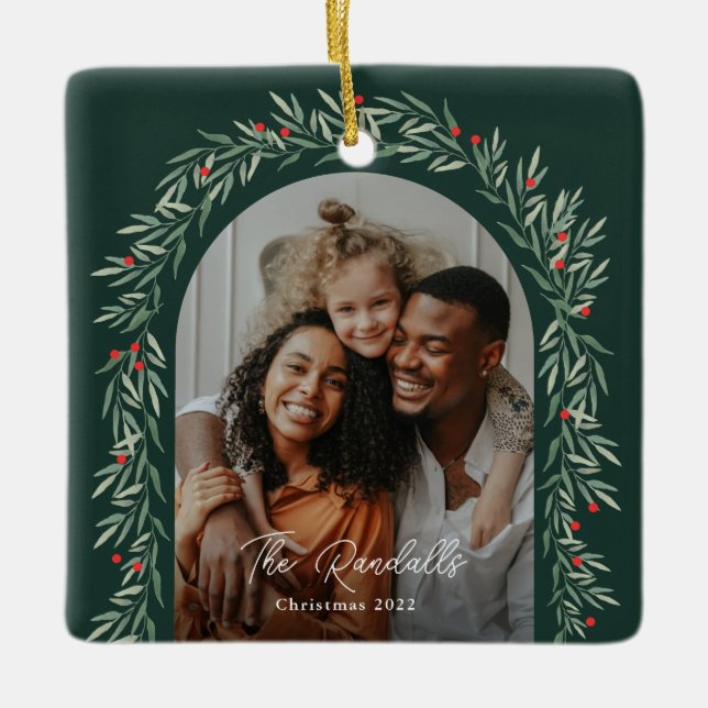 Greenery Arch Modern Script Photo Jul Julgransprydnad Keramik (Framsida)