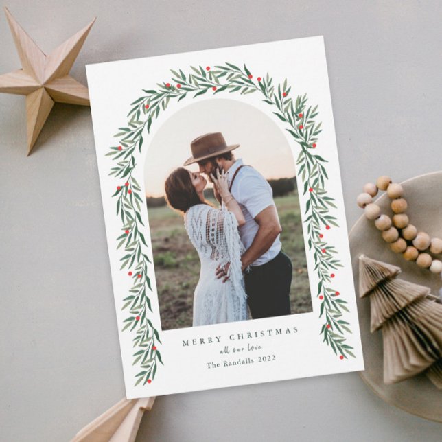 Greenery Arch Modern Script Photo Jul Julkort (Skapare uppladdad)