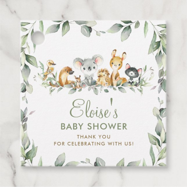 Greenery Australian Animals Baby Shower Tack Gåvor Etiketter (Framsida)
