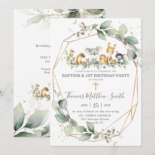 Greenery Australian Animals Baptism & 1st Birthday Inbjudningar (Fram/baksida)