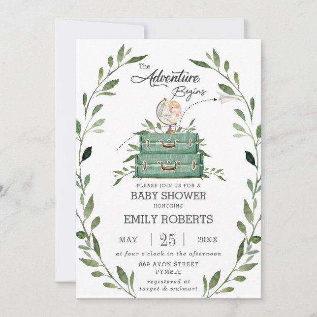 Greenery Äventyr Baby Shower Journey Suitcase Inbjudningar (Framsida)