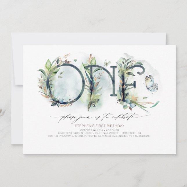 Greenery Baby 1:a födelsedagsinbjudan - Neutralt Inbjudningar (Framsida)