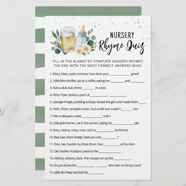 Greenery Baby brinner matchen Nursery Rhyme Quiz (Fram/baksida)