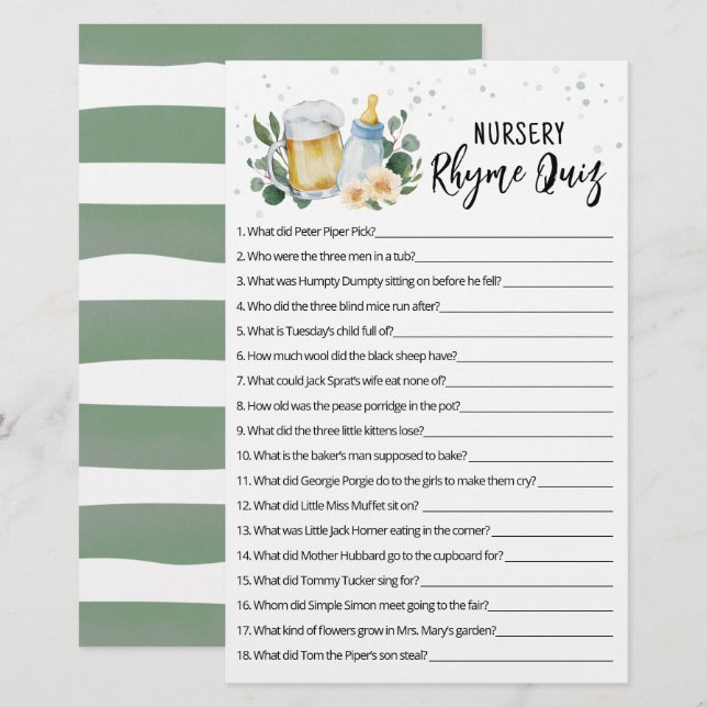 Greenery Baby brinner matchen Nursery Rhyme Quiz (Fram/baksida)
