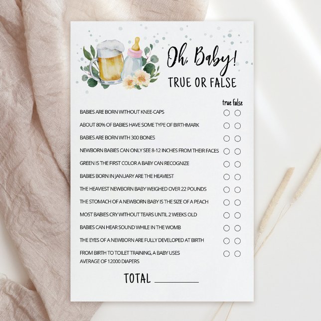 Greenery Baby Brygger Sann eller Falsk Spel Rosa (Greenery and Beer Baby Brewing Baby Shower Oh Baby True or False Game)