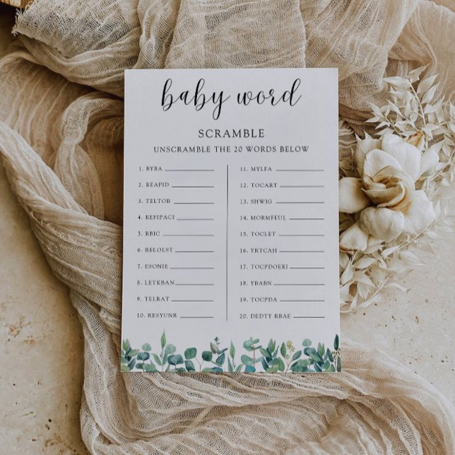 Greenery Baby dusch-spel - Ord-scramble Inbjudningar (Greenery Baby shower game – Word scramble Invitation)