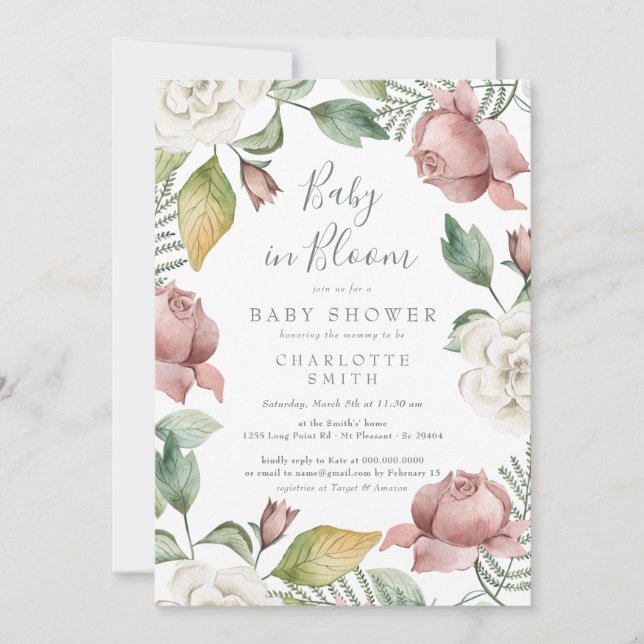 Greenery Baby in Bloom Blommigt Baby Shower Inbjudningar (Framsida)
