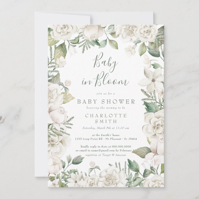 Greenery Baby in Bloom Blommigt White Baby Shower Inbjudningar (Framsida)