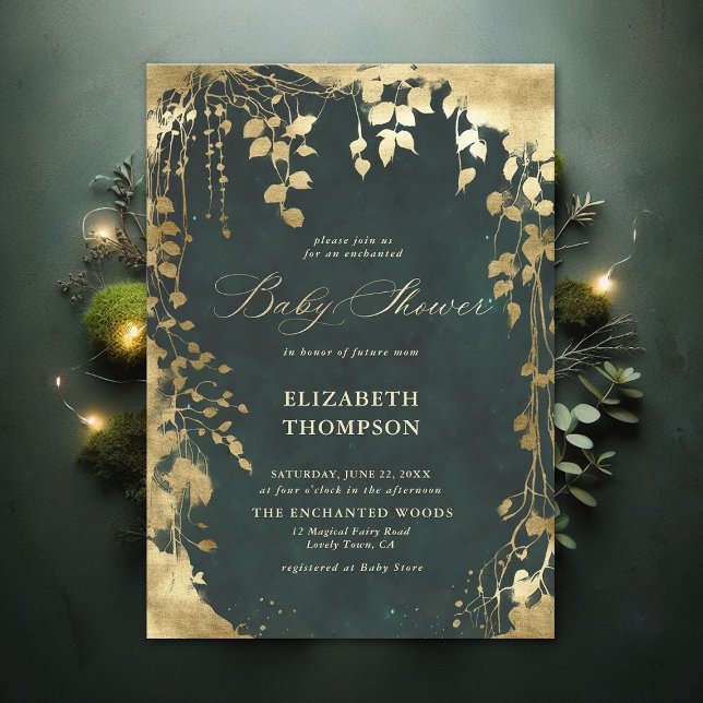 Greenery Baby Shower för Guld Greenery Ram Inbjudningar (Enchanted Forest Emerald Green Draped Greenery Frame Modern Calligraphy Neutral Baby Shower Invite)