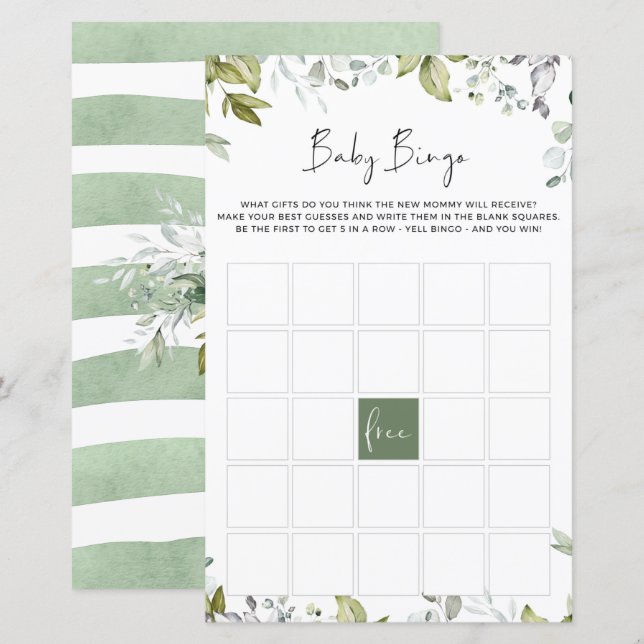 Greenery Baby Shower Game - Baby BINGO (Fram/baksida)