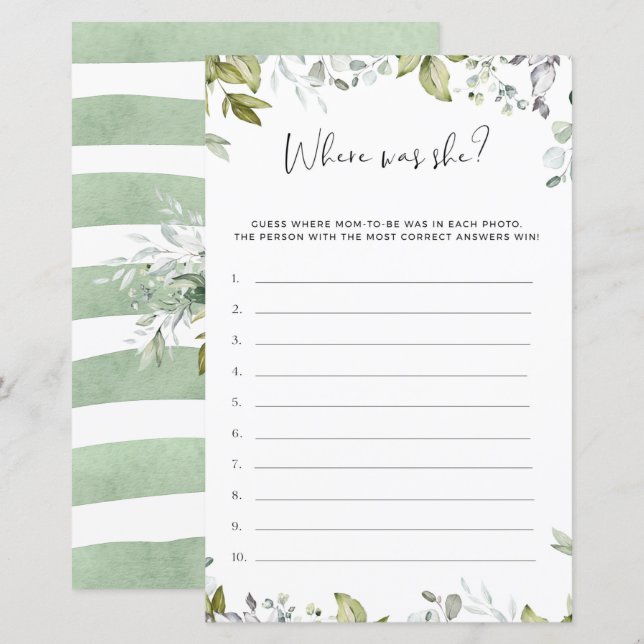 Greenery Baby Shower Game var hon? (Fram/baksida)