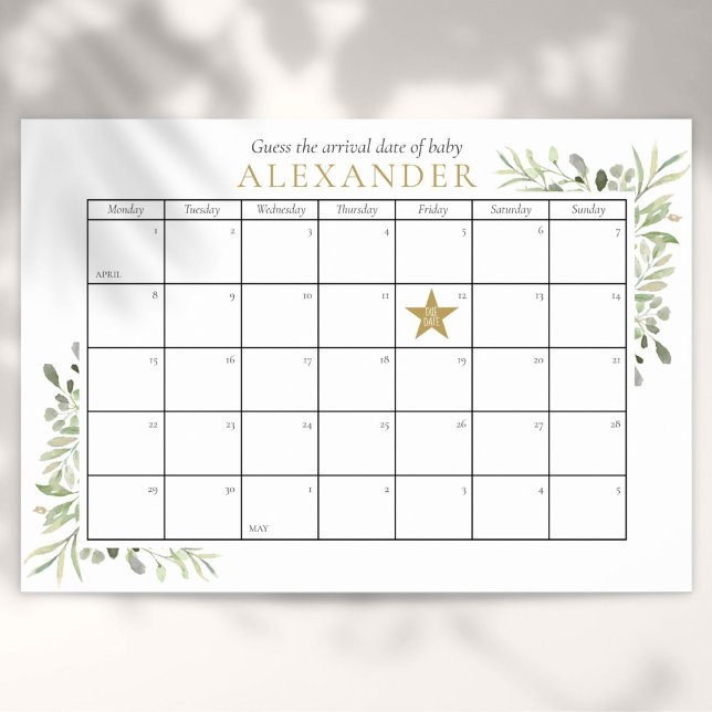 Greenery Baby Shower gissar att förfallodatumspel Poster (Greenery Baby Shower Guess The Due Date Game Poster)