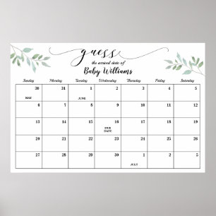 Greenery Baby Shower gissar förfallodatum Kalender Poster