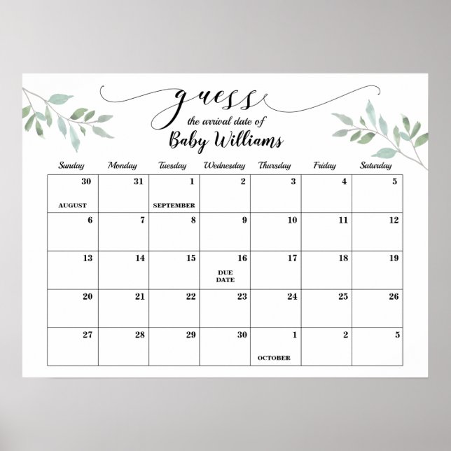 Greenery Baby Shower gissningsdatum kalender Poster (Framsidan)